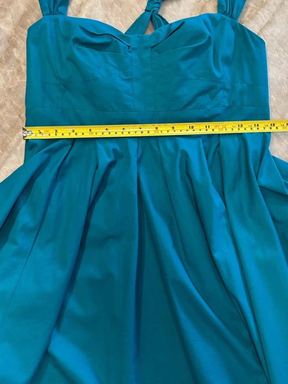 French Connection Teal Rockabilly Fit & Flare Dress Sz 8 Halter Pleated Bodice - Picture 5 of 7